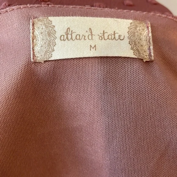 Altar’d State “Gigi” Dress. Chiffon Dots Sheath Dress W/Bell sleeves. Berry - Picture 10 of 12